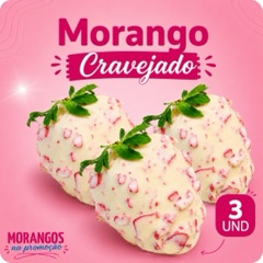 Três morangos cravejados cobertos de chocolate branco